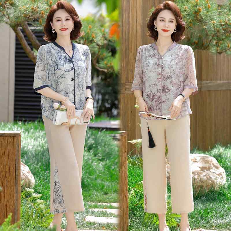 セットアップ ミセス 女性 50代 60代 中高年 夏物 花柄ブラウス ツーピース 大きいサイズ ゆったり 薄手 ポリエステル クロップドパンツ ネイビー ピンク 普段使い カジュアル