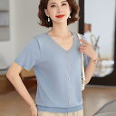 トップス レディース ミセス 50代 接触冷感 Vネック 半袖 Tシャツ カットソー 無地 薄手 プルオーバー ゆったり 上品 体型カバー 普段使い 吸湿速乾
