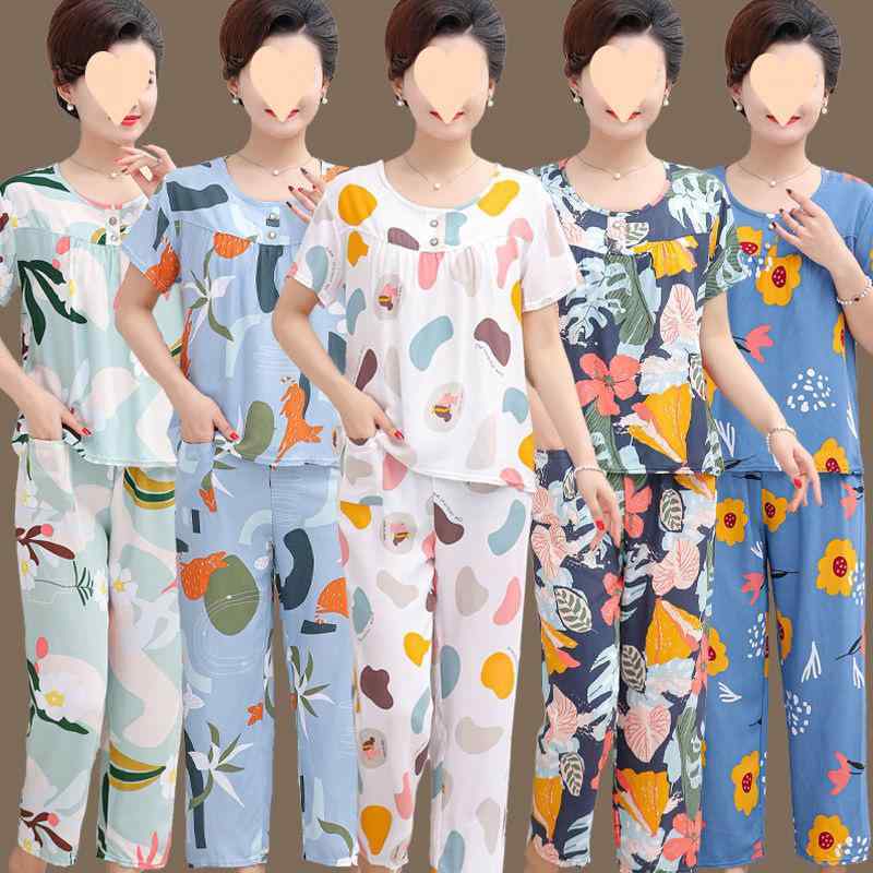 パジャマ レディース 女性用 中高年 ママ 母親向け 夏用 薄手 再生繊維 半袖 長ズボン ロングパンツ 上下セット ツーピース ルームウェア 部屋着 ホームウェア リラックス 涼しい 快適