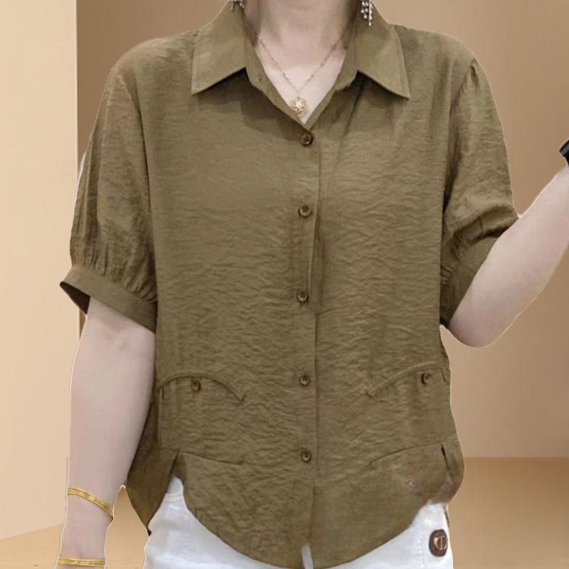 シャツ レディース ミセス 半袖 ブラウス ゆったり 体型カバー 薄手 UVカット 無地 ポリエステル 切り替え ボタン シャツ襟 コーデしやすい レトロ カジュアル ブラウン系 オレンジレッド