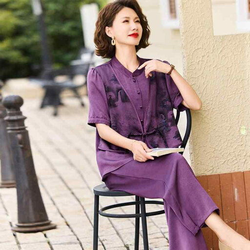 セットアップ レディース ミセス お母さん向け 半袖 Tシャツ ロングパンツ 上下セット 薄手 高級感 おしゃれ エレガント アクリル 接触冷感素材 普段使い カジュアル パープル イエロー セットアップ レディース ミセス お母さん向け 半袖 Tシャツ ロングパンツ 上下セット 薄手 高級感 おしゃれ エレガント アクリル 接触冷感素材 普段使い カジュアル パープル イエロー