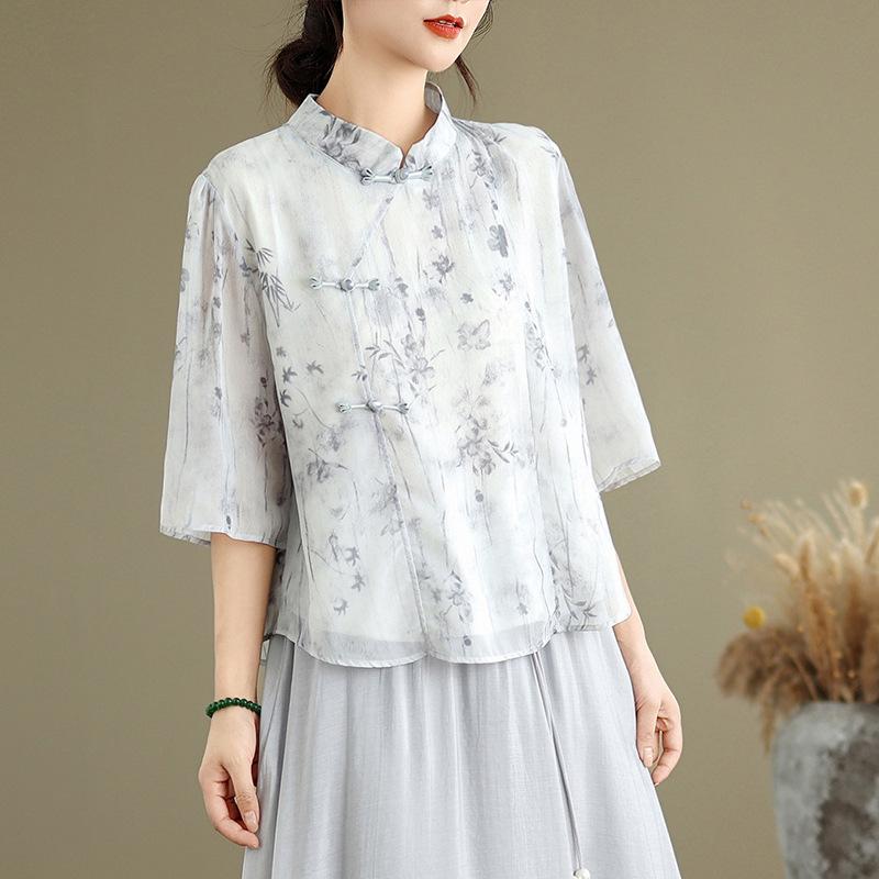 ブラウス ミセス 婦人 新チャイナ風 エレガント 綿麻 夏服 スタンドカラー マカロンカラー オフィス 通勤 ビジネス シック きれいめ カジュアル 普段使い リラックス ライトグレー ピンク