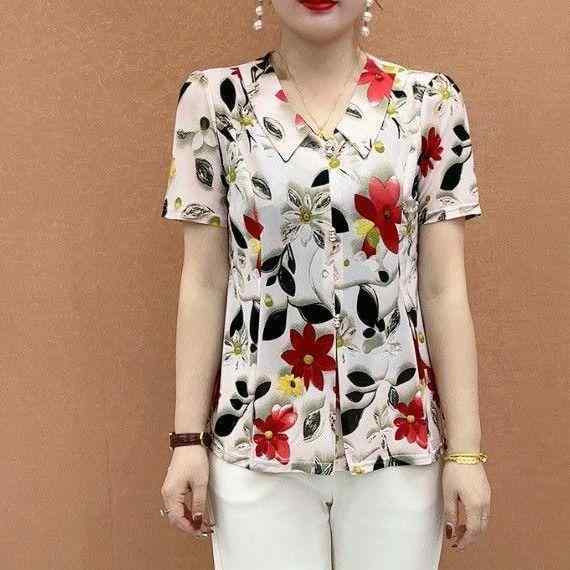 トップス レディース ミセス ママ 半袖 シャツ ブラウス Tシャツ ゆったり オーバーサイズ ドールカラー 襟付き ポリエステル マカロンカラー 夏 カジュアル