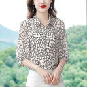 シャツ ミセス レディース 女性用 七分袖 シフォン 高級感 ゆったり トップス 体型カバー 春物 ポロ襟 チェック柄 ポリエステル カジュアルスタイル ベージュ ブラック ルーズフィット ミドル丈