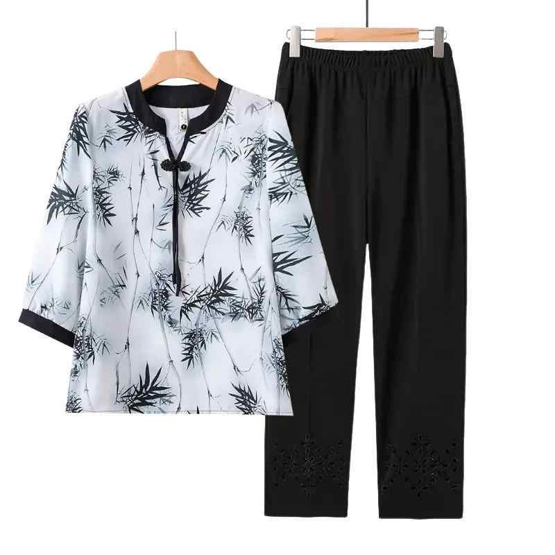 ミセス セットアップ レディース 女性用 ママ 母親向け 夏物 薄手 半袖 ポリエステル 新チャイナ風 スタイル アンサンブル 普段使い カジュアル ゆったり リラックス 涼しい