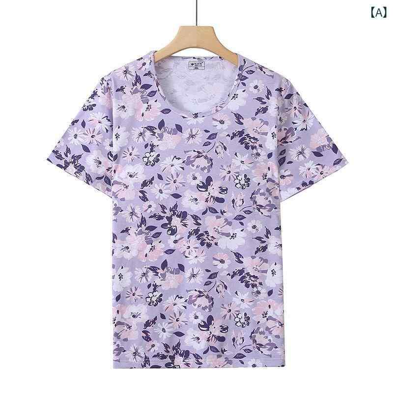 Tシャツ レディース 中高年向け 大きいサイズ 綿 コットン プリント柄 花柄 ゆったり リラックスフィット ルームウェア 部屋着 インナー 普段使い 夏用