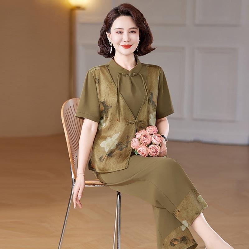トップス レディース ママ 半袖 Tシャツ ワイドパンツ 2点セット ゆったり 大きいサイズ 夏 新チャイナ風 花柄 薄手 カジュアル おしゃれ 上下セット 普段使い ルームウェア ポリエステル(4)
