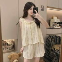 ルームウェア レディース 綿ガーゼ ノースリーブ ショートパンツ 上下セット かわいい プリンセス風 ゆったり 薄手 通気性 涼感 花柄 ホワイト ピンク 夏用 快適 寝巻き 部屋着 おうち時間