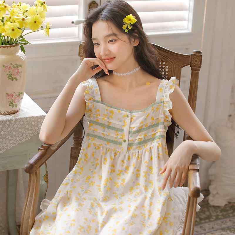 ルームワンピース レディース キャミソール 小花柄 かわいい スウィート ダブルガーゼ コットン 薄手 通気性 快適 部屋着 パジャマ ナイトウェア リラックスウェア 夏 ピンク イエロー