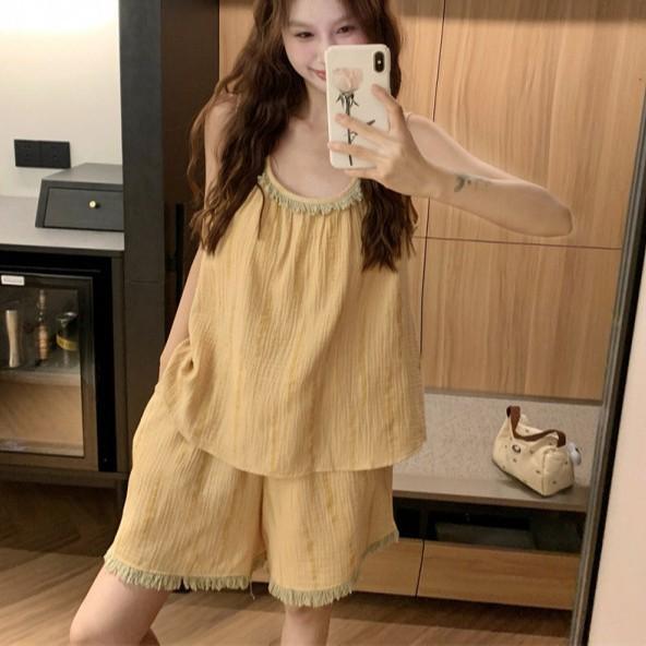 パジャマ レディース 韓国風 ルームウェア セットアップ ノースリーブ タンクトップ ショートパンツ フリンジ コットンブレンド 胸パッド付き 夏用 ラウンドネック 快適 リラックス 部屋着 ワンマイルウェア 通気性 ナチュラル ガーリー