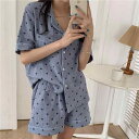 パジャマ レディース 女性用 韓国風 夏用 薄手 半袖 ショートパンツ ダブルガーゼ 綿素材 ハート柄 プリント 通気性 ルームウェア 部屋着 2点セット セットアップ(x2)