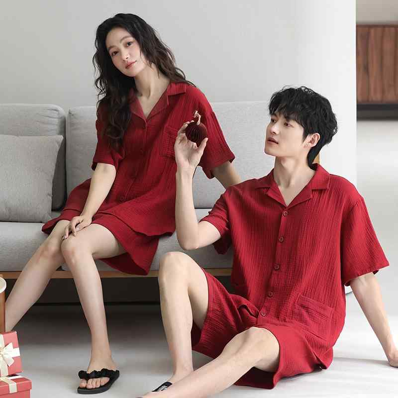 パジャマ カップル ペア 新婚 春 夏 秋 半袖 ショートパンツ 前開き 開襟 襟付き セットアップ 綿100% ダブルガーゼ 二重ガーゼ 薄手 通気性 快適 リラックスウェア ルームウェア 部屋着 ワンマイルウェア 高級感 上質感 カジュアル