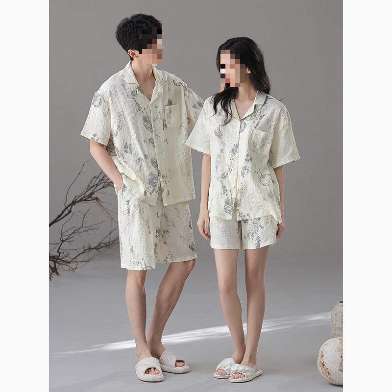 ルームウェア 男女兼用 半袖 ショートパンツ 上下セット 綿100% ダブルガーゼ 前開き 襟付き 薄手 ゆったり 快適 涼しい 通気性 部屋着 パジャマ ワンマイルウェア シンプル カジュアル