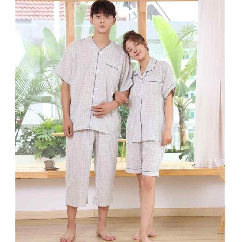 パジャマ メンズ 純綿 コットン100% 二重ガーゼ 薄手 Vネック 半袖 七分丈パンツ クロップド丈 部屋着 寝間着 夏用 通気性 快適 吸湿性 シンプル グレーチェック ヘザーグレー ヘザーブルー