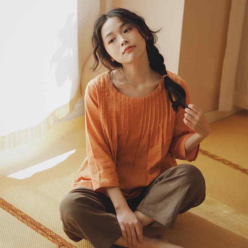 パジャマ レディース 綿100% ダブルガーゼ プルオーバー Uネック 七分袖 九分丈 薄手 ルームウェア セ..