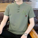 Tシャツ メンズ 男性用 半袖 クルーネック 中国風 エスニック 絹 シルク 麻 リネン 薄手 高級感 吸湿速乾 接触冷感 防シワ 無地 刺繍 ゆったり リラックスフィット カジュアル 普段使い トップス