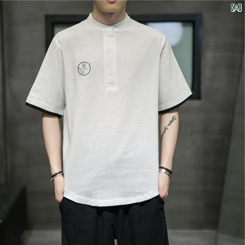 Tシャツ トップス メンズ 男性用 半袖 クルーネック 綿麻 リネン混紡 ゆったり ルーズシルエット 中華..