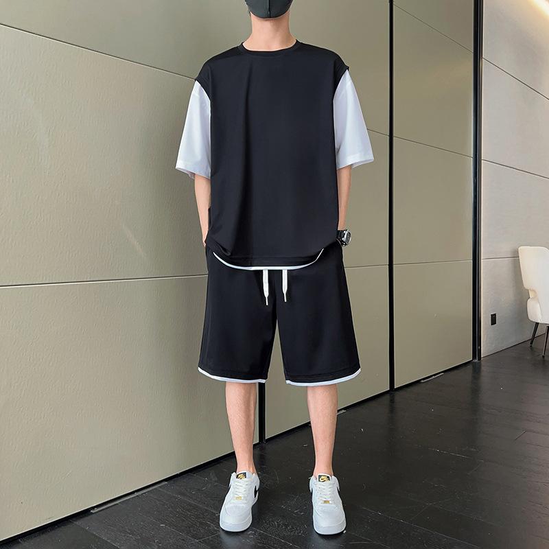 セットアップ メンズ 夏 長袖 Tシャツ 七分丈パンツ カジュアル スポーツ フェイクレイヤード 薄手 ゆ..