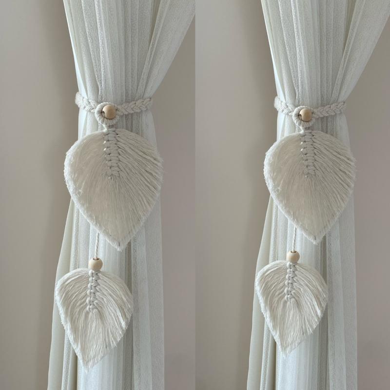 カーテンタッセル リーフモチーフ ボヘミアン 手編み コットンロープ 綿麻素材 北欧スタイル 窓辺 リビ..