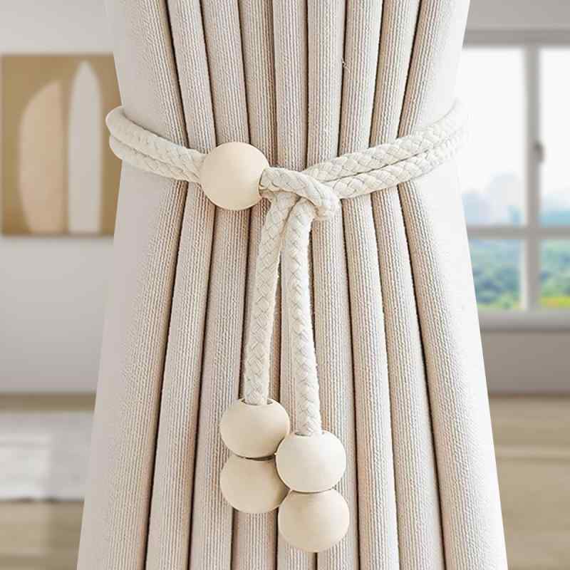 カーテンタッセル 綿ロープ 木製ビーズ 穴開け不要 可動式 多用途 シンプルモダン ベージュ カーテン留..