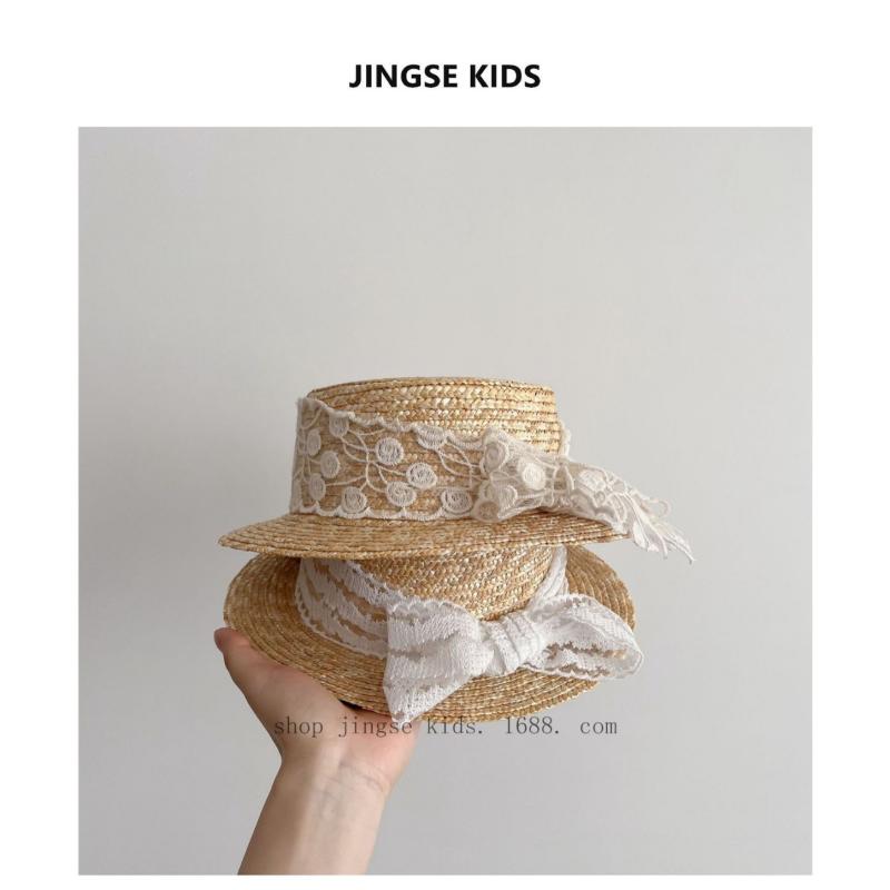 麦わら帽子 キッズ 女の子 ベビー 子供用 つば広 フラットトップ 日よけ帽子 UVカット レース リボン ..