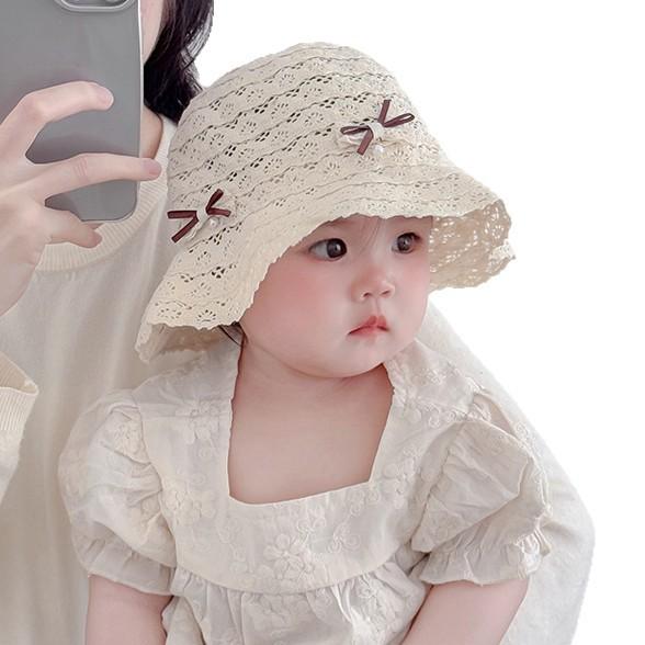 麦わら帽子 ベビー 女の子 薄手 軽量 透かし編み リボン付き つば広 日よけ UVカット 紫外線対策 通気..