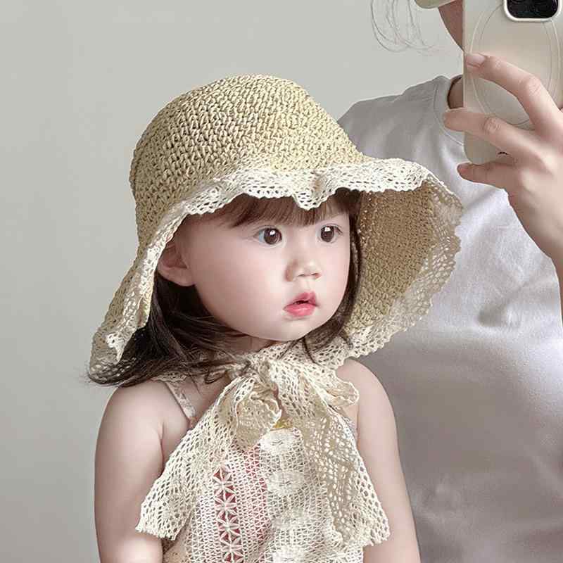 麦わら帽子 ベビー 女の子 夏 レース フリル アイボリー UVカット 日焼け防止 つば広 通気性 バケット..