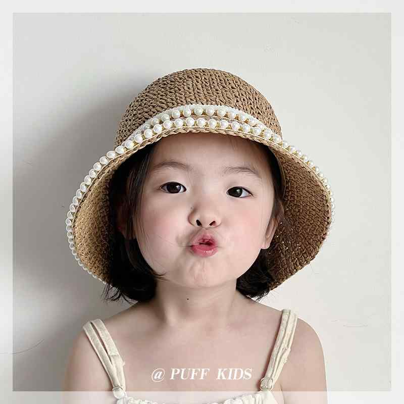 麦わら帽子 キッズ 女の子 夏用 パール付き 日よけ UVカット 日焼け防止 折りたたみ つば広 ハット プ..