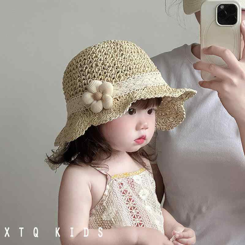 麦わら帽子 ベビー 女の子 小花柄 手編み ハンドメイド 草編み 日よけ UVカット 紫外線対策 つば広 バ..