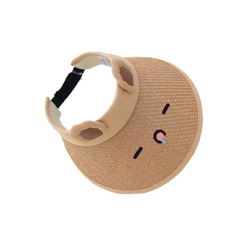 サンバイザー キッズ ベビー 男の子 女の子 子供 UVカット 紫外線対策 日よけ キャラクター かわいい 刺繍 広つば ストローハット風 夏用 通気性 ポリエステル ベージュ ピンク ブルー カーキ