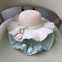麦わら帽子 女の子 キッズ プリンセス風 チューリップモチーフ 花柄 つば広 夏用 日焼け防止 UVカット 日よけ ビーチ 海水浴 旅行 首元ガード 通気性 かわいい ストロー素材(x2)