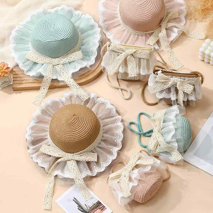 麦わら帽子 女の子 キッズ セット レース リボン つば広ハット 日よけ UVカット 紫外線対策 ビーチ 海 ..