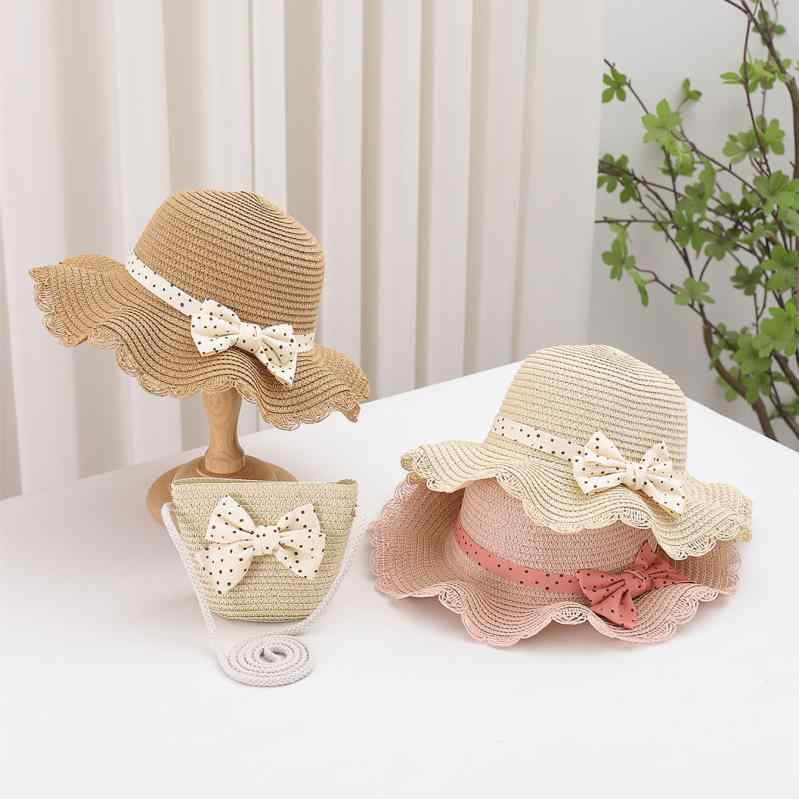 麦わら帽子 キッズ 女の子 小銭入れ ミニバッグ 2点セット UVカット 日よけ 日焼け防止 遮光 広つば ペーパー素材 リボン 蝶結び かわいい 上品 プリンセススタイル