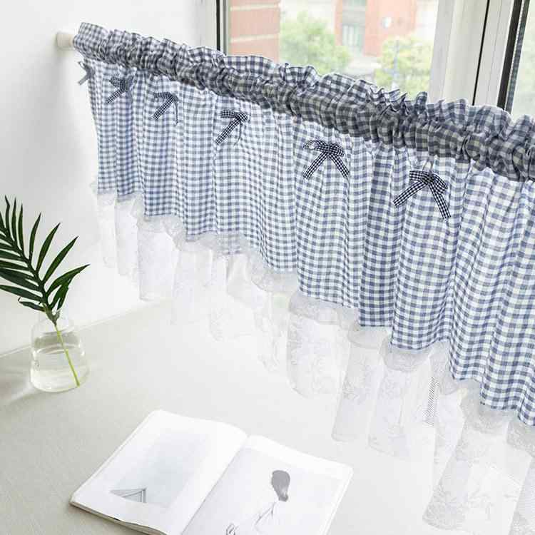 カフェカーテン 突っ張り棒式 穴あけ不要 キッチン レース ショート丈 小窓用 ハーフ丈 ポリエステル 透け感 ナチュラルスタイル カントリー調 シンプル 目隠し 青 ピンク 黒