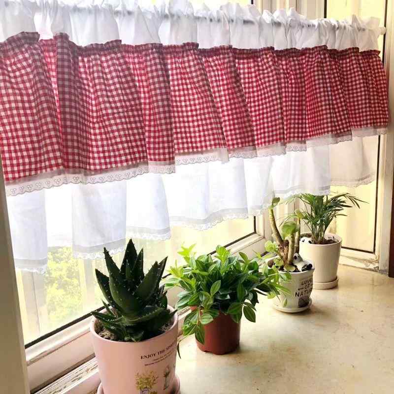 カフェカーテン 小窓カーテン 韓国風 チェック柄 布製 幅40x丈150cm グリーン レッド リビングルーム ダイニング 書斎 玄関 間仕切り 目隠し