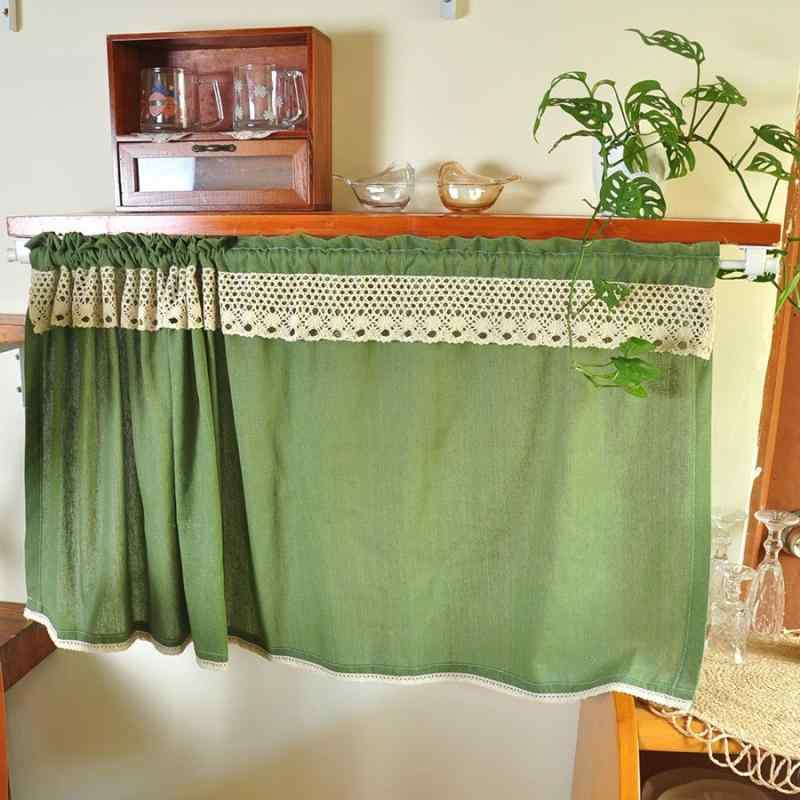 カーテン グリーン マジックテープ 簡単取り付け ショート丈 目隠し 半遮光 キャビネット 戸棚 キッチン 窓 小窓 カフェカーテン レトロ アメリカンスタイル ファブリック 装飾ストライプ