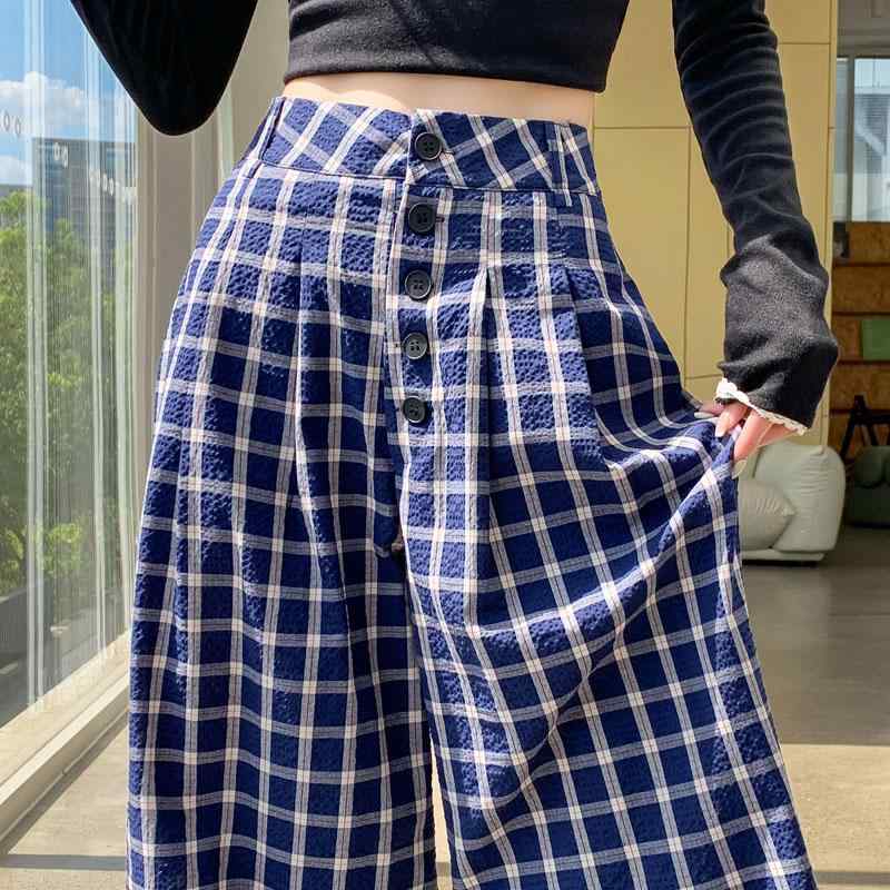 パンツ レディース レトロ チェック カジュアル ワイド ゆったり ストレート ドレープ感 フルレングス 普段使い 秋冬 ブルー