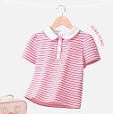 ポロシャツ キッズ 子供服 半袖 Tシャツ 女の子 ポロ襟 かわいい 春夏 トップス ガールズ 女児 ショートスリーブ キュート スウィート ガーリー カジュアル 普段使い 通園 通学 ゆったり ボーダー ピンク ベージュ グリーン|詳細画像