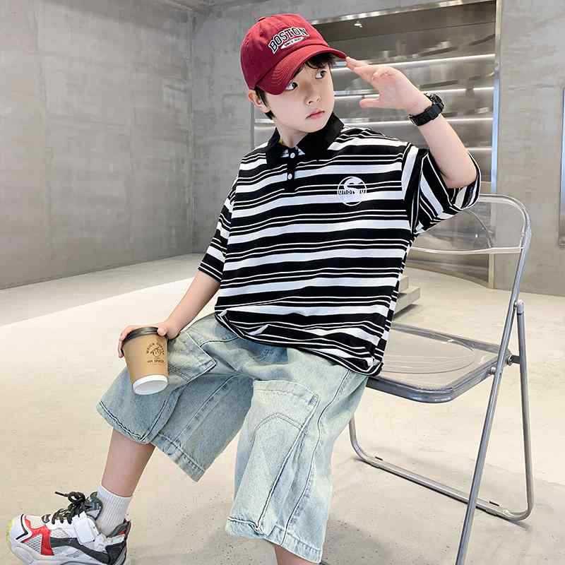 ポロシャツ キッズ 子供服 半袖 セットアップ 男の子 2点セット 上下セット デニム 春夏 小学生 カジュ..