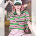 ポロシャツ レディース 半袖 Tシャツ ポロ襟 緑 ボーダー ゆったり オーバーサイズ シンプル 春夏 トップス ストリート カジュアル クール スタイリッシュ 普段使い 体型カバー グリーン ピンク|詳細画像