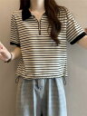 ポロシャツ レディース 半袖 Tシャツ ポロ襟 ハーフジップ ボーダー 大きいサイズ ゆったり ぽっちゃり アメカジ 春夏 トップス 普段使い カジュアル 体型カバー ホワイト ブラック
