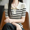 ポロシャツ レディース 半袖 トップス ポロ襟 接触冷感 ボーダー Tシャツ カットソー カジュアル シンプル 普段使い 着回し スリム 細見え 春夏 ブルー ブラウン ブラック