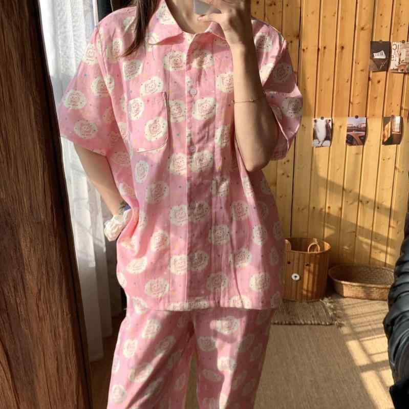 純 綿 二 重 ガーゼ パジャマ 女性の ための 夏 薄い かわいい 甘い ホーム 服 ルーズ 綿 ガーゼ 半袖 ズボン スーツ