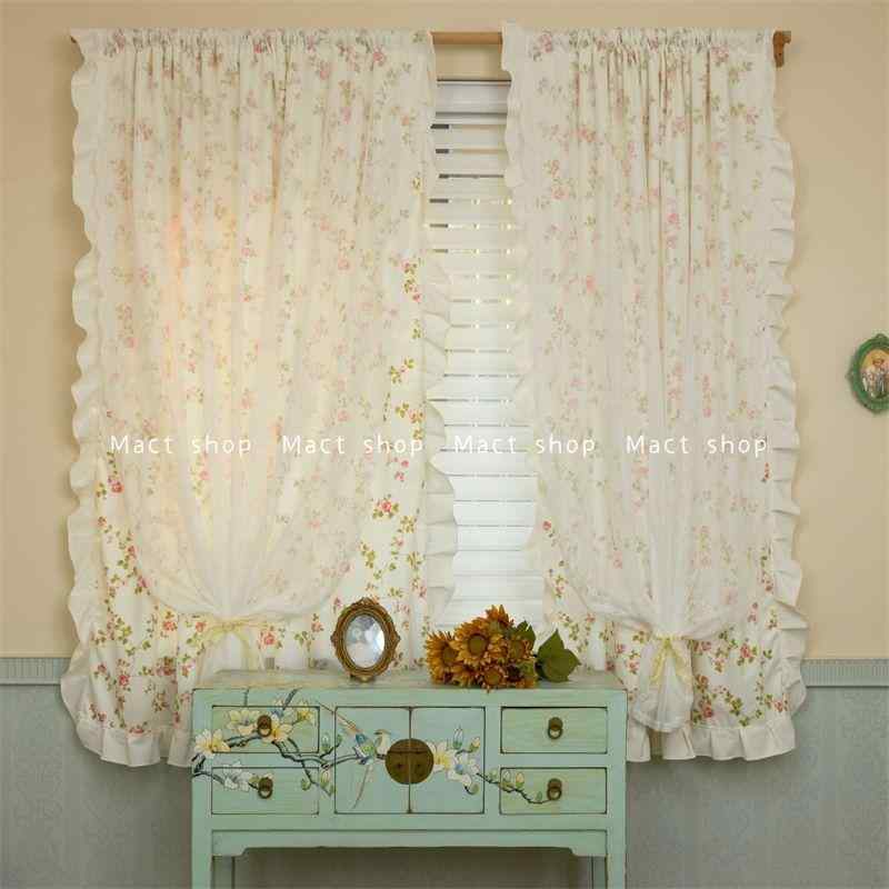 カーテン ダブルレイヤー アメリカン カントリー調 小花柄 ショート丈 出窓用 ドアカーテン キャビネット 間仕切り レース 目隠し リネン調 遮光 採光 通気性