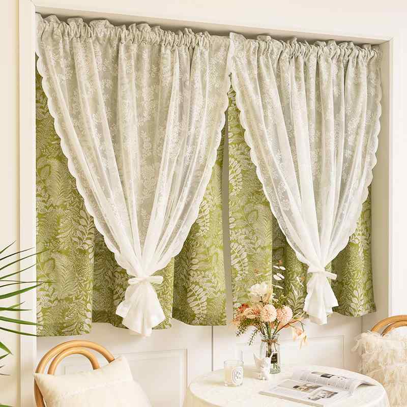 カーテン フレンチ レトロ カントリー調 ガーデングリーン ダブル レイヤー レース 小花柄 ショート丈 カフェカーテン 間仕切り 目隠し 寝室 キッチン リビング 小窓 ドアカーテン 窓飾り