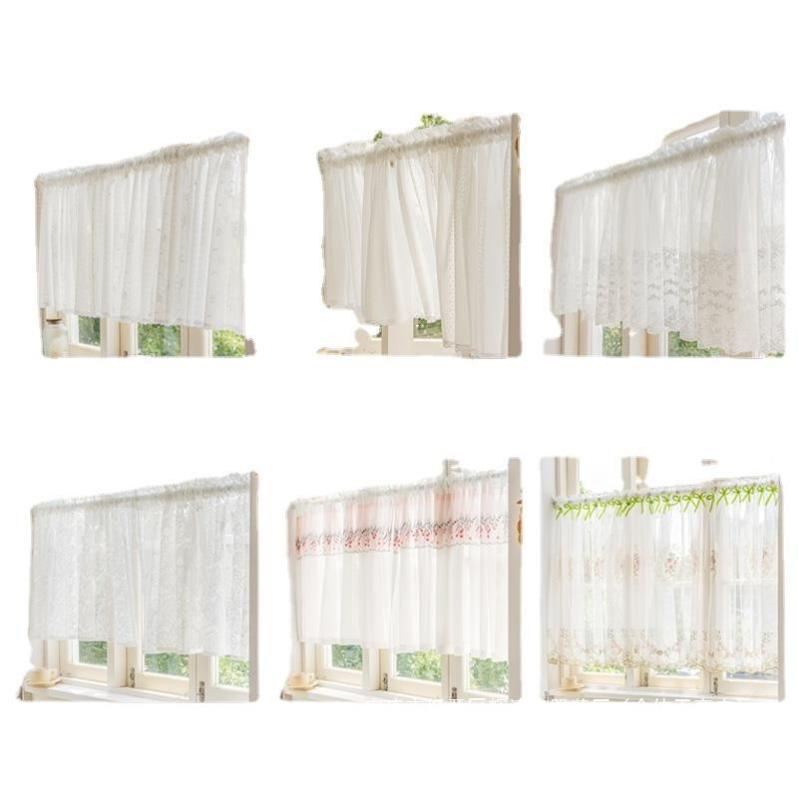 カーテン 穴あけ不要 マジックテープ式 つっぱり棒 目隠し 間仕切り 小窓 カフェカーテン ショート丈 レース シアー 透け感 キッチン 玄関 リビング 書斎 棚 クローゼット 食器棚 田園風 ナチュラルスタイル