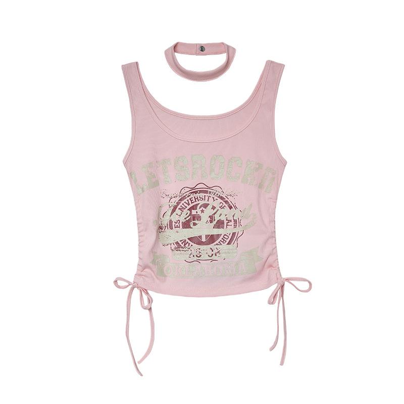 タンクトップ レディース アメリカンレトロ ギャル系 個性派 ストラップデザイン ハイネック 甘辛 ウエストマーク タイトフィット コットンブレンド 夏物 普段...