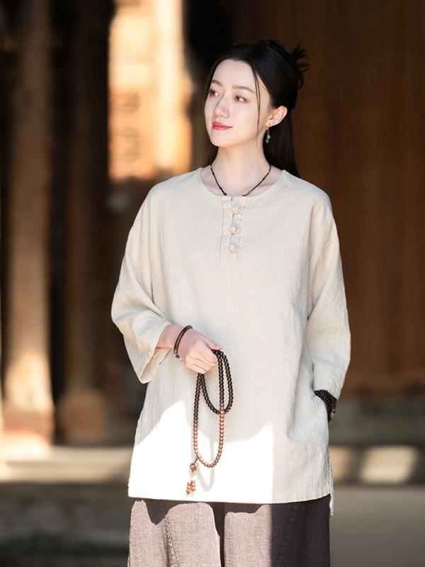 瞑想 服 中国風 仏教 禅 レディース リネン トップス 寺院 崇拝 在家 スーツ ブラウン パープル グリーン