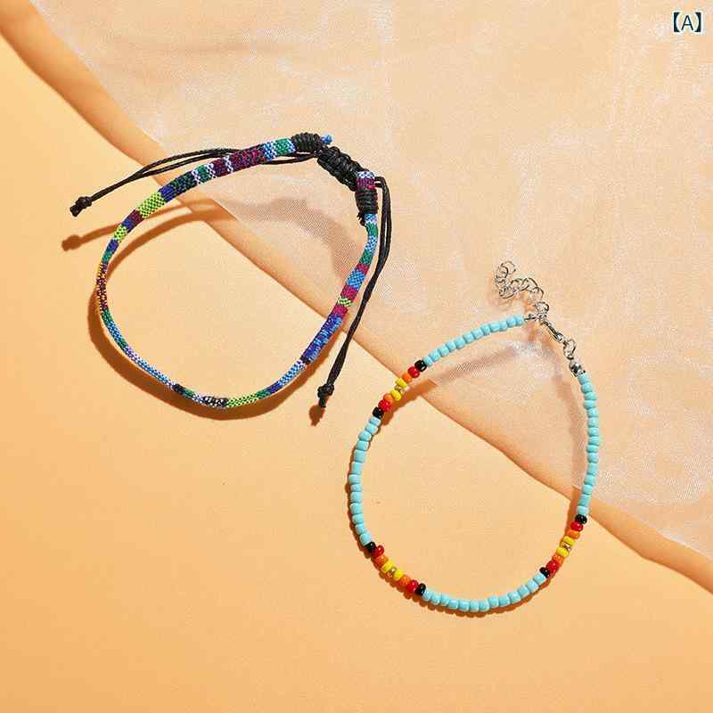 Grams楽天市場店のアンクレット ユニセックス 男女兼用 ネパール風 エスニック 編み込み ビーズ カラフル 布製 ファブリック コットン リネン 夏 サマー ビーチ リゾート カジュアルスタイル 足首飾り セット｜アングル2