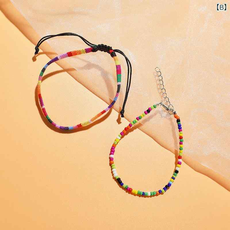 Grams楽天市場店のアンクレット ユニセックス 男女兼用 ネパール風 エスニック 編み込み ビーズ カラフル 布製 ファブリック コットン リネン 夏 サマー ビーチ リゾート カジュアルスタイル 足首飾り セット｜アングル3